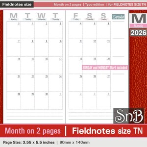 May include: A monthly planner insert for Fieldnotes size TN, featuring a two-page spread with a calendar for September 2026. The insert includes Sunday and Monday start options. The page size is 3.55 x 5.5 inches.
