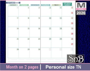 SnB Personal TN - Blue small weekends - Month on 2 pages - 2025 / 2026 - Printable Monthly insert for Traveler's Notebooks