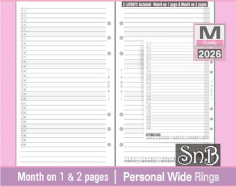 SnB Personal Wide - Lined Month on 1 pages and on 2 pages - 2025 / 2026 - Printable Monthly inserts for Ring Binders