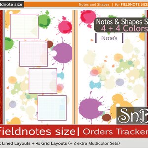 以下が含まれることがあります： Fieldnotes サイズのノートブック用の印刷可能なプランナーページのセット。ページには、4 色の罫線とグリッドのレイアウトが含まれています。背景には、カラフルなペイントの飛沫が描かれています。