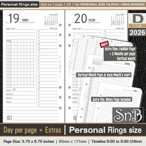 SnB Personal rings - D3 - Day on 1 page - 2025 / 2026 - Printable Daily inserts for Filofax / Ring Binders