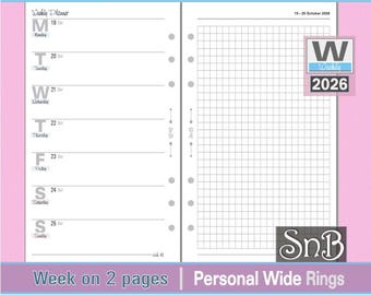SnB Personal Wide - Typo Edition - Week on 2 pages - 2025 / 2026 - Printable Weekly inserts for Ring Binders
