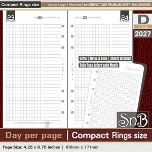 SnB Compact -  iPlan Grid - Day on 1 page - 2027 - Printable Daily inserts for Franklin Covey binders