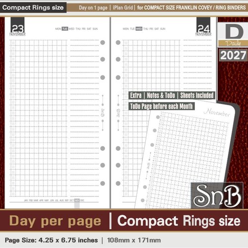 SnB Compact -  iPlan Grid - Day on 1 page - 2027 - Printable Daily inserts for Franklin Covey binders