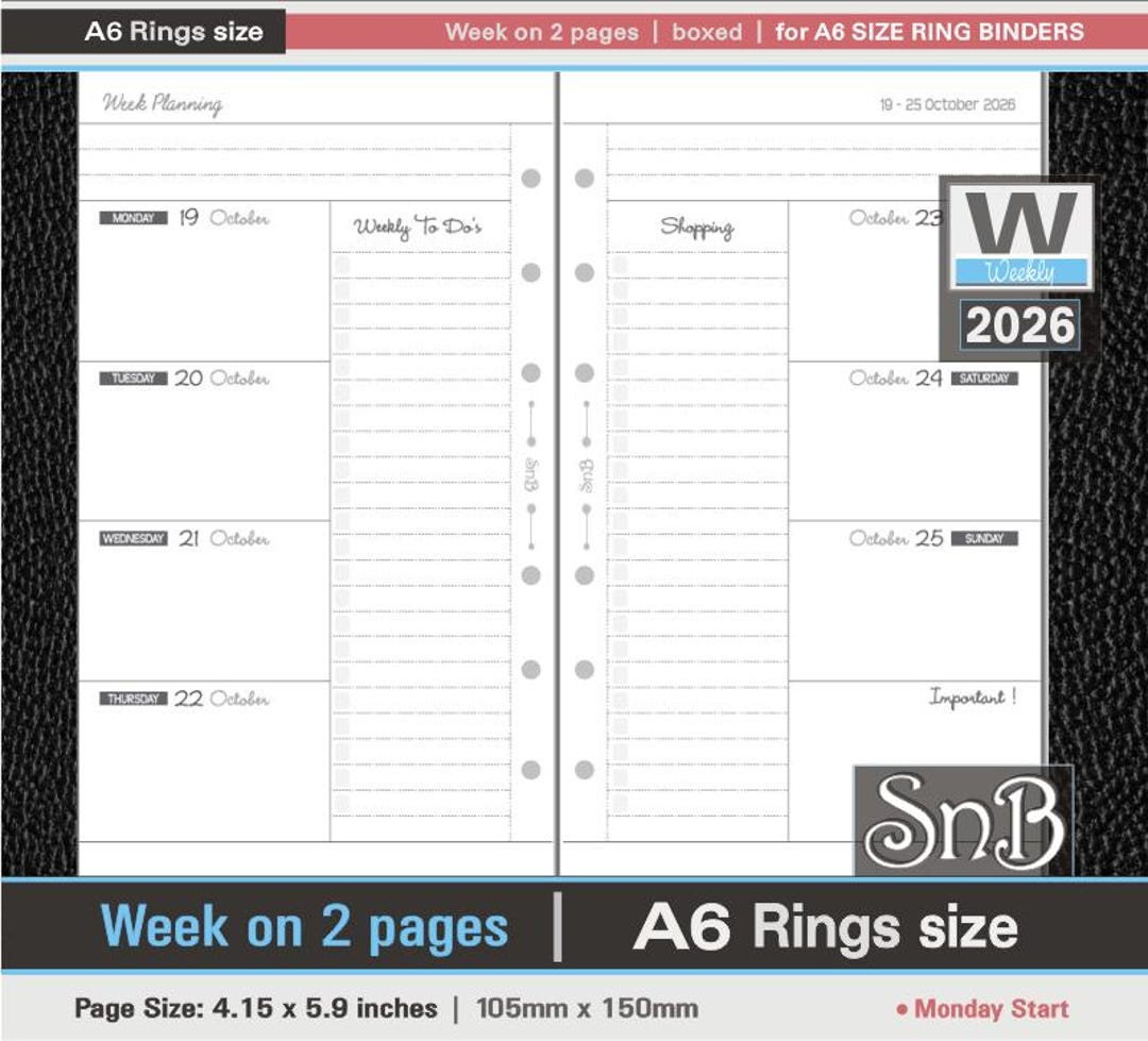 Weekdays Ring Snb A5 Rings - Boxed - Week on 2 Pages - 2025 / 2026 - Printable Weekly ...