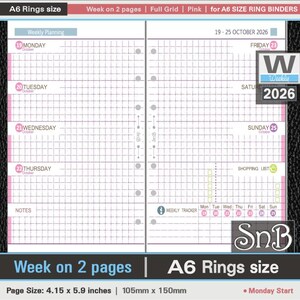 SnB A6 rings - Full Grid Pink - Week on 2 pages - 2025 / 2026 - Printable Weekly inserts for Ring Binders