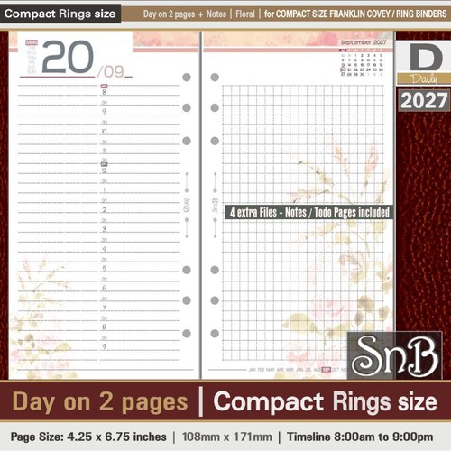 SnB Compact - Floral - Day on 2 pages - 2027 - Printable Daily inserts for Franklin Covey binders