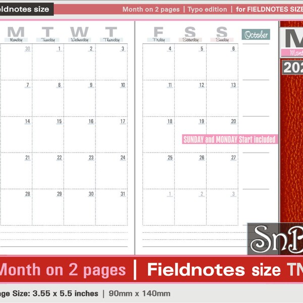 SnB FN  - Typo Edition - Month on 2 pages - 2023 / 2024 - Printable Monthly insert for Traveler's Notebooks