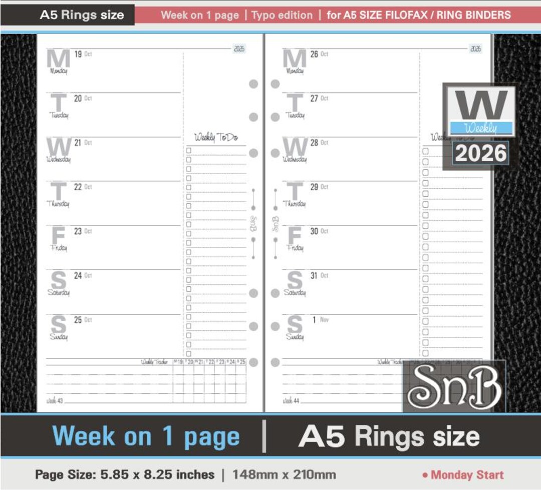 Snb A5 Rings - Typo Edition - Week on 1 Page - 2025 / 2026 - Printable ...