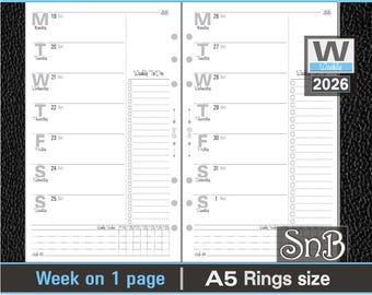 SnB A5 rings - Typo Edition - Week on 1 page - 2025 / 2026 - Printable Weekly inserts for Filofax / Ring Binders