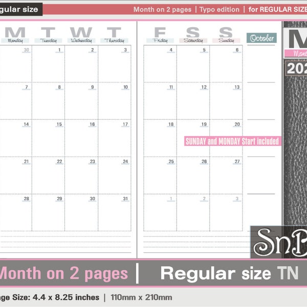 SnB RG - Typo Edition - Month on 2 pages - 2023 / 2024 - Printable Monthly insert for Traveler's Notebooks