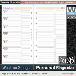 SnB Personal rings - Weekly Sections on 2 pages - 2025 / 2026 - Printable Weekly inserts for Filofax / Ring Binders