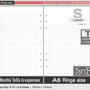SnB A6 rings - Typo Edition - Monthly ToDo & Expenses - Undated - Printable Monthly inserts for Ring Binders