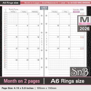SnB A6 rings - Small Weekends V2 - Month on 2 pages - 2025 / 2026 - Printable Monthly inserts for Ring Binders