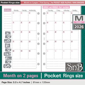 May include: A two-page spread pocket-sized calendar insert for 2026, featuring a pink and white design. The calendar includes the month of September, with a Sunday and Monday start. The page size is 3.3 x 4.7 inches.