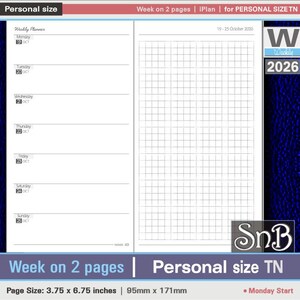 SnB Personal TN - iPlan - Week on 2 pages - 2025 / 2026 - Printable Weekly inserts for Traveler's Notebooks