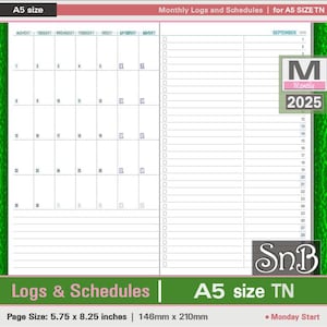 SnB A5 TN - Monthly Logs and Schedules - 2025 - Printable Monthly inserts for Traveler&#39;s Notebooks