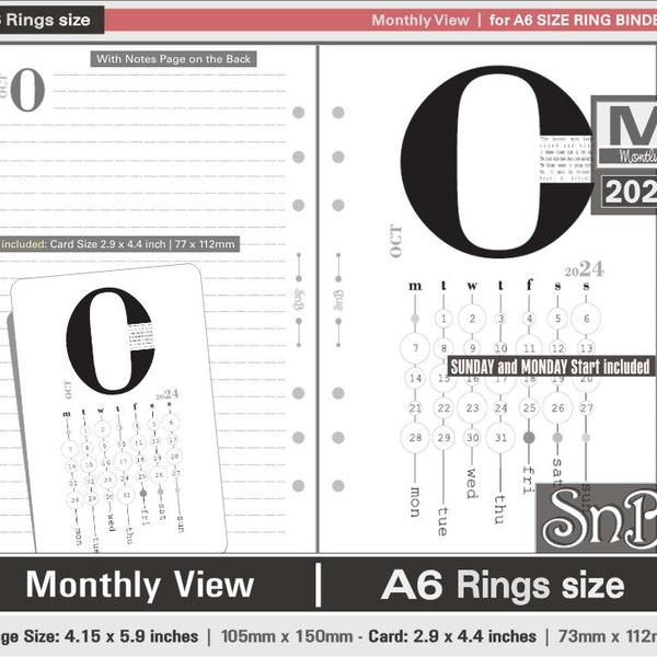 SnB A6 rings - Typo Edition - Monthly View - 2023 / 2024 - Printable Monthly inserts for Ring Binders