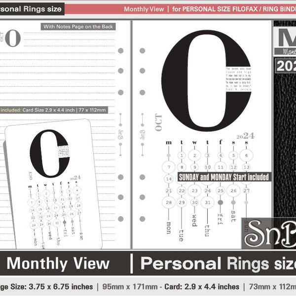 SnB Personal rings - Typo Edition - Monthly View - 2023 / 2024 - Printable Monthly inserts for Filofax / Ring Binders