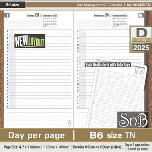 May include: A brown leather-bound daily planner with a white page showing a daily schedule from 6:00 AM to 5:00 AM. The planner is labelled "Day Management | Tracker | for B6 SIZETN" and "Daily 2025". The planner is 120mm by 180mm.