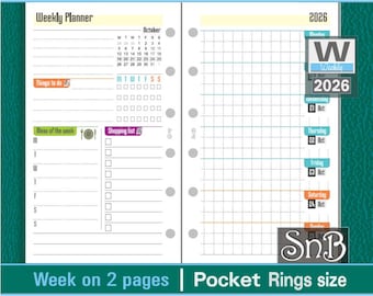 SnB Pocket rings - Sabrina Color - Week on 2 pages - 2025 / 2026 - Printable Weekly inserts for Filofax / Ring Binders