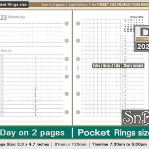 SnB Pocket rings -  Light Edition - Day on 2 pages - 2023 / 2024 - Printable Daily inserts for Filofax / Ring Binders