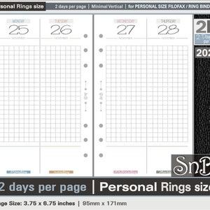 SnB Personal rings - Minimal Vertical - 2 days per page - 2023 / 2024 - Printable Daily inserts for Filofax / Ring Binders