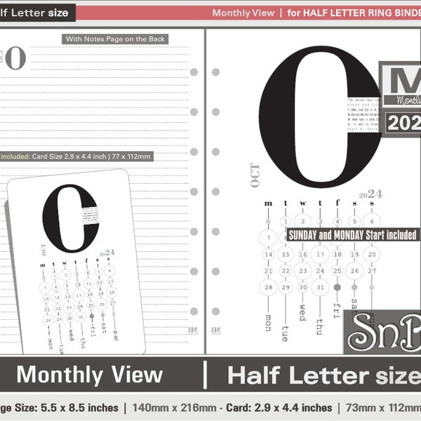 SnB Half Letter rings - Typo Edition - Monthly View - 2023 / 2024 - Printable Monthly inserts for Half Letter / FC CLASSIC BINDERS