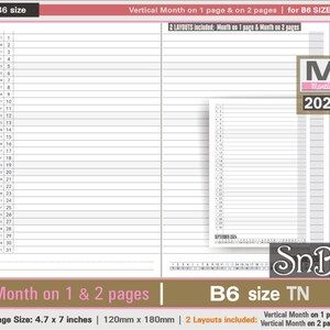 SnB B6 - Lined Month on 1 and on 2 pages - 2023 / 2024 - Printable Monthly inserts for Traveler's Notebooks