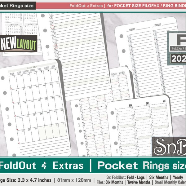 SnB Pocket rings - Foldout calendars and Extras - 2023 / 2024 - Printable Monthly inserts for Filofax / Ring Binders