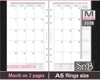 SnB A5 rings - SmartPlan - Month on 2 pages - 2025 / 2026 - Printable Monthly inserts for Filofax / Ring Binders