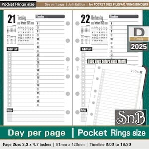 SnB Pocket rings - Julia Edition - Day on 1 page - 2025 - Printable Daily inserts for Filofax / Ring Binders