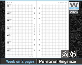 SnB Personal rings - iPlan - Grid - Week on 2 pages - 2025 / 2026 - Printable Weekly inserts for Filofax / Ring binders