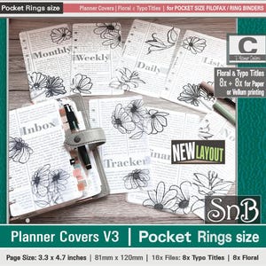 Puede incluir: Un conjunto de 16 cubiertas de planificador imprimibles para Filofax de bolsillo o carpetas de anillas. Las cubiertas presentan diseños florales y tipográficos en blanco y negro sobre un fondo de periódico. Las cubiertas miden 3,3 x 4,7 pulgadas o 81 mm x 120 mm.