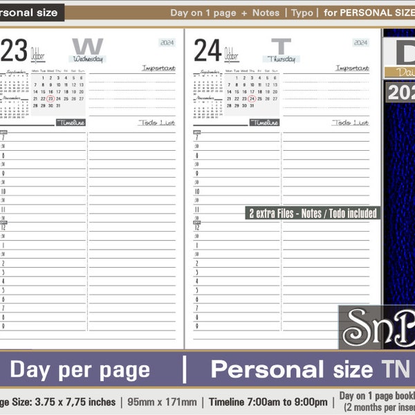 SnB Personal TN - Typo Edition - Day on 1 page - 2023 / 2024 - Printable Daily inserts for Traveler's Notebooks