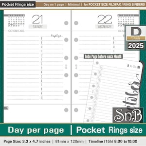 SnB Pocket rings -  Minimal - Lined - Day on 1 page - 2025 - Printable Daily inserts for Filofax / Ring Binders