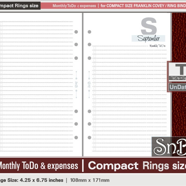 SnB Compact - Typo Edition - Monthly ToDo & Expenses - Undated - Printable Monthly inserts for Franklin Covey binders