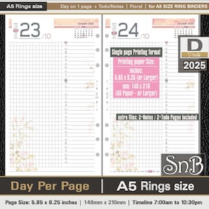 SnB A5 rings - Floral - Day on 1 page - for A5 and Letter paper - 2024 / 2025 - Printable Daily inserts for Filofax / Ring Binders