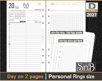 May include: A personal size ring binder planner insert featuring a day on two pages layout for 2027. The white paper includes a timeline from 7:00am to 9:00pm, a monthly calendar, to-do lists, and notes sections. Page size is 3.75 x 6.75 inches.