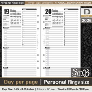 SnB Personal rings - Carrie Edition - Day on 1 page - 2025 / 2026 - Printable Daily inserts for Filofax / Ring Binders