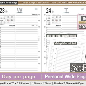 SnB Personal Wide - Typo Edition - Day on 1 page - 2023 / 2024 - Printable Daily inserts for Ring Binders