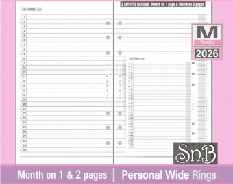 SnB Personal Wide - V2 Lined Month on 1 pages and on 2 pages - 2025 / 2026 - Printable Monthly inserts for Ring Binders