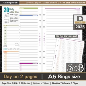 SnB A5 rings - Alison Edition - Day on 2 pages - 2025 - Printable Daily inserts for Filofax / Ring Binders