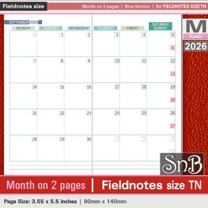 SnB FN  - Blue small weekends - Month on 2 pages - 2025 / 2026 - Printable Monthly insert for Traveler's Notebooks