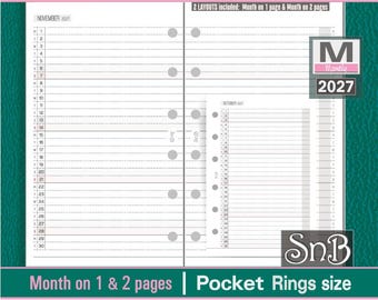 Puede incluir: Un inserto de planificador de anillas de bolsillo para 2027 con diseños mensuales rayados. El texto incluye Pocket Rings size, Lined Month V2, 2027 y Page Size: 81mm x 120mm. Muestra dos opciones de diseño para la planificación mensual.