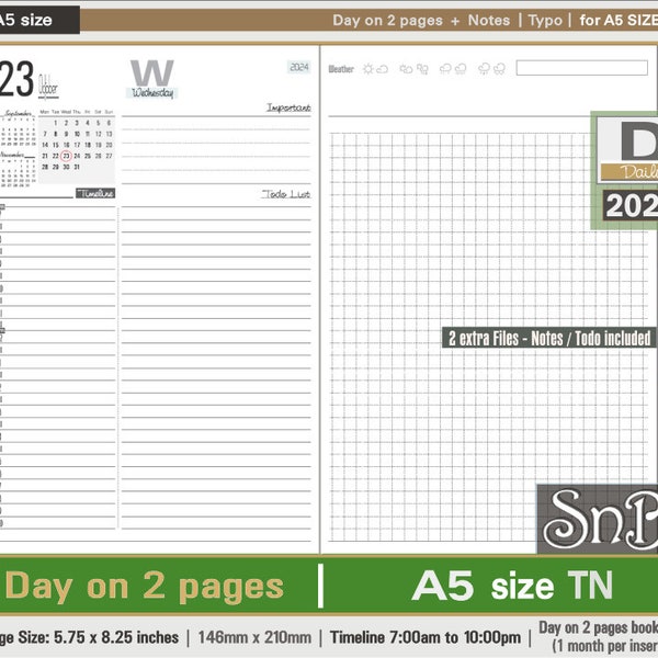 SnB A5 TN - Typo Edition - Day on 2 pages - 2023 / 2024 - Printable Daily inserts for Traveler's Notebooks