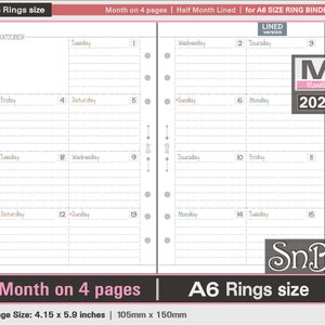 SnB A6 rings - Half month spreads - 2023 / 2024 - Printable Monthly inserts for Ring Binders