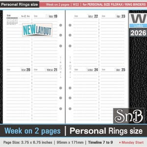 Puede incluir: Un inserto de planificador blanco con un diseño semanal, con el texto "NEW LAYOUT" y el año "2026". El tamaño de la página es de 95 mm x 171 mm. El planificador está diseñado para anillos personales e incluye un inicio el lunes.