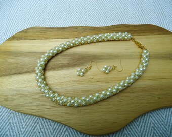 Faux Pearl Beaded Mid Length Rope Necklace and Earrings set