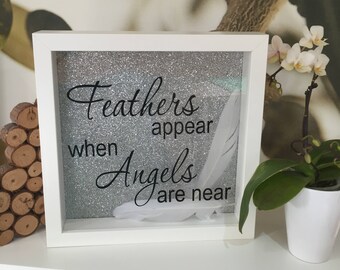 Picture Box Frame Handmade Feathers Appear When Angels Are Near Sparkle Glitter
